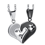 Two Colors Stainless Steel Mens Womens Couple Necklace Pendant Love Heart CZ Puzzle Matching