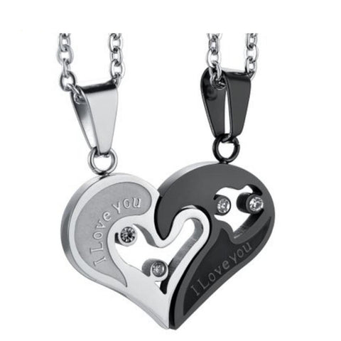 Two Colors Stainless Steel Mens Womens Couple Necklace Pendant Love Heart CZ Puzzle Matching