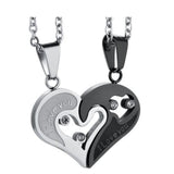 Two Colors Stainless Steel Mens Womens Couple Necklace Pendant Love Heart CZ Puzzle Matching