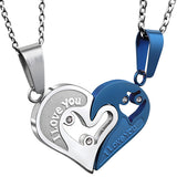 Two Colors Stainless Steel Mens Womens Couple Necklace Pendant Love Heart CZ Puzzle Matching